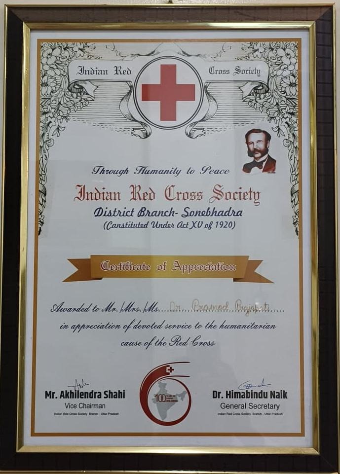 Indian Red Cross Certificate of Appreciation Sonbhadra Dr Pramod Prajapati